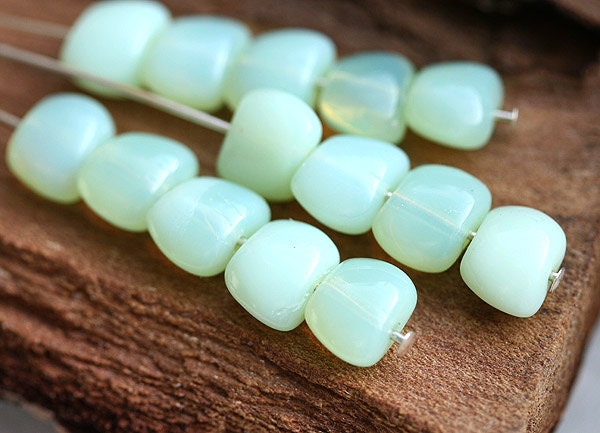 Czech nugget beads, Green Melon, spacers, puffy square, yellow green, peridot - 6x8mm - 24Pc - 616