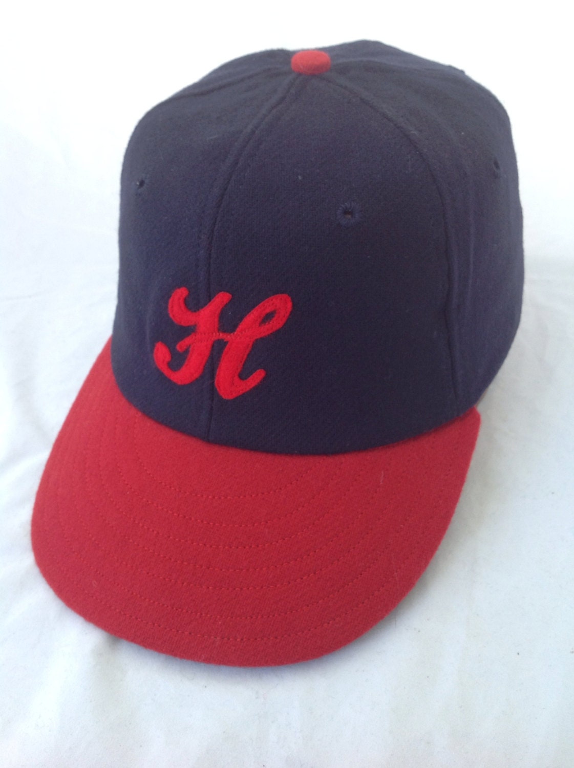 Navy and Red 100% wool flannel Baseball cap, handcut felt H logo, 1940s visor with supple leather sweatband.