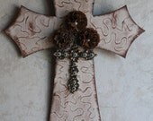 Large Cross....Home Decor..Antique White and Brown..Stacked Crosses..Special Gift...Cross Collector
