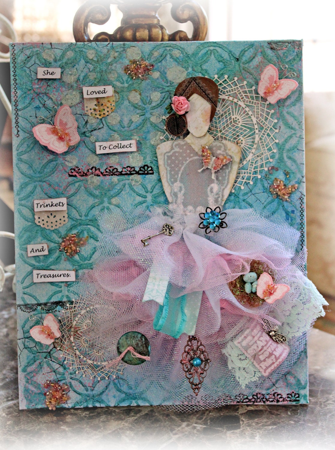 She Art-She Loved To Collect Trinkets And Treasures Mixed Media 8 x 10 Artist Canvas Scrapbook Romantic Vintage Shabby Chic