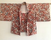 1960s Japanese Antique Silk Haori Kimono Jacket features Autumn leaf / Plum blossom / Hagi flower