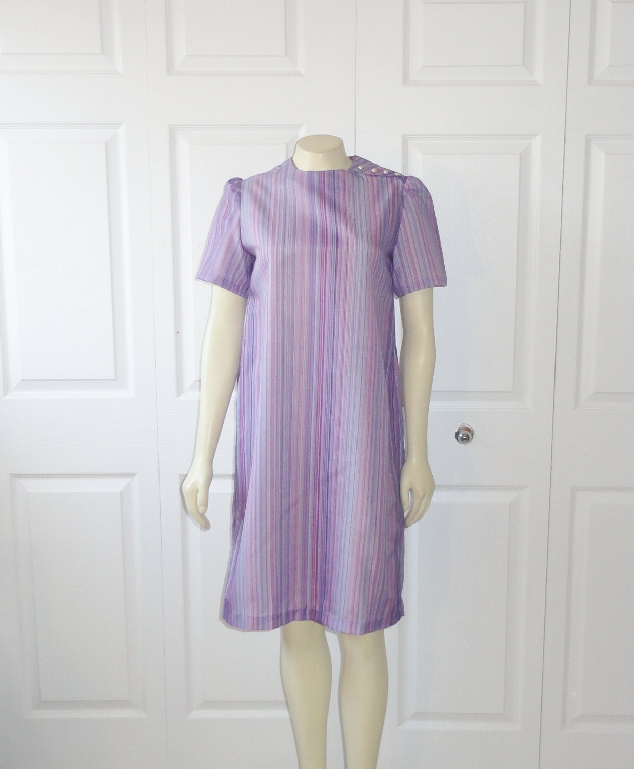 Vintage Mod Dress 60s Handmade Purple Pinks Blue Striped Dress Pearl Button Accent Size Small