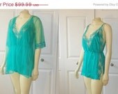 SALE Vintage Vandemere by Olga Nightie & Sheer Chiffon Robe Turquoise Teal Nightgown and Bed Jacket Size Large