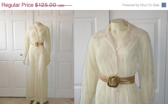 SALE Vintage Dress 70s Lace Full Length Duster Button Up Lapel Collar Size  Modern Medium