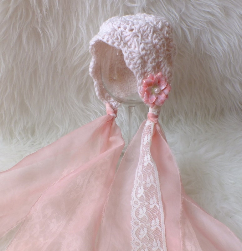 Newborn Bonnet, Newborn Hat, Pink, Baby Pink, Organza & Lace Ties, Photo Prop