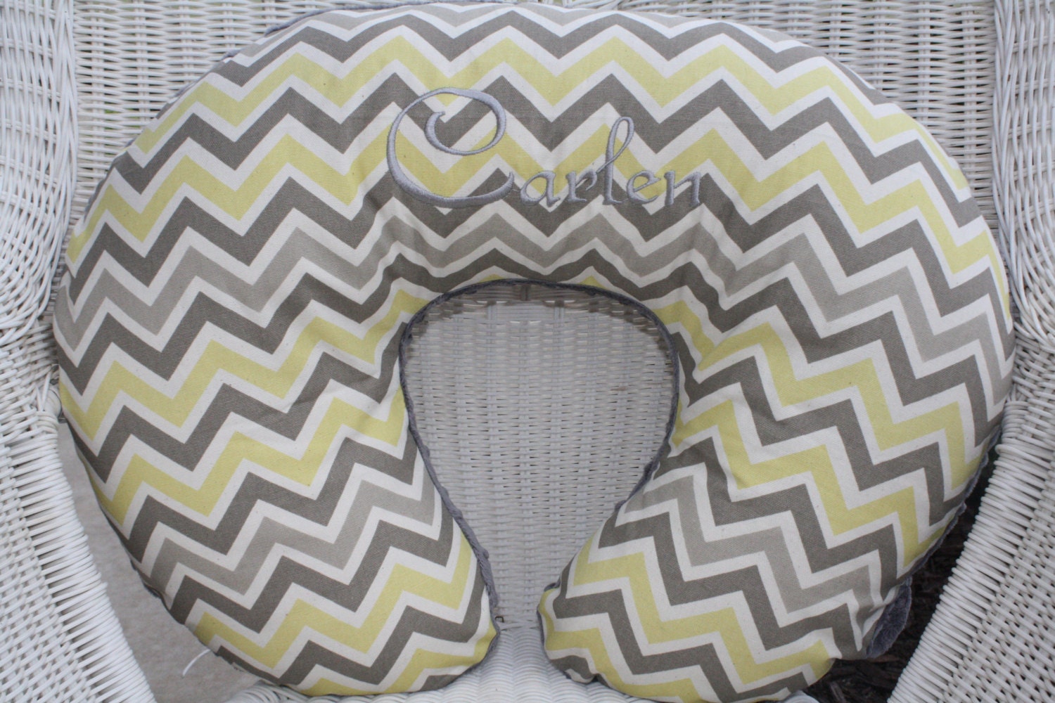 Yellow, Gray and White Chevron with Gray Minky Boppy Cover