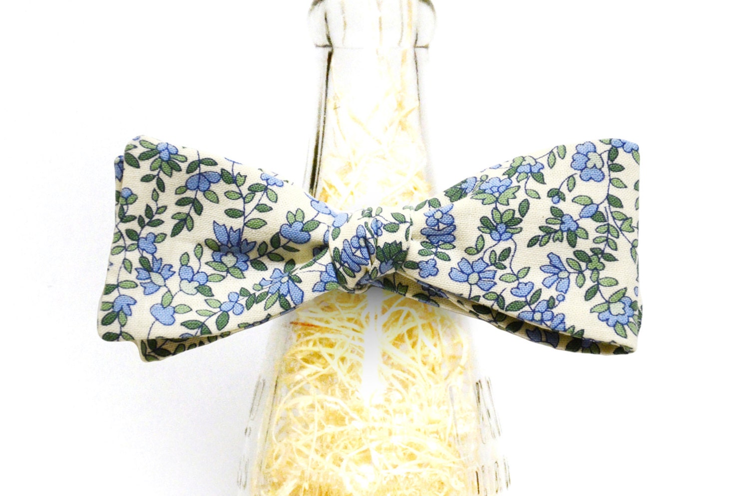 Handmade Blue Floral Calico Self Tie Bow Tie