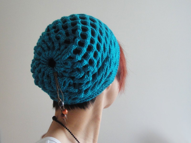 Boho Hand Crocheted Beanie in Ocean Blue, Unique Wave Netting Hat, Gift Ideas For Her, Summer Accessories, All Seasons - lapuzelo