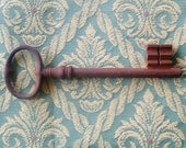 French large rusty skeleton key in aged iron Shabby Chateau antique