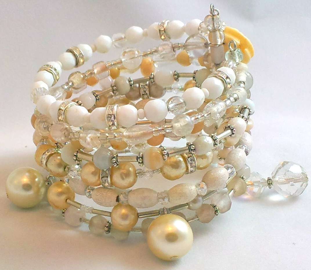 Handmade, One of a Kind, Pearly White, Beaded Multi Bangle Bracelet, Memory Wire, Magnetic Closure, 8.5in, Fast Shipping