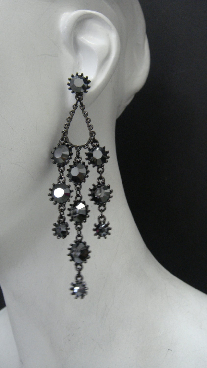 Water fall Crystal Chandelier  Earrings Made with Hematite(Dark Gray) Swarovski Crystal Black Plated