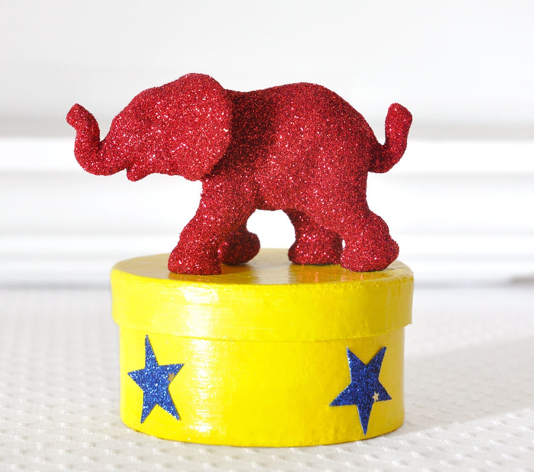 Circus Elephant Gift Box or Birthday Party Favor for Baby Shower Decorations in Red Glitter for Nursery Decor or Wedding Table Settings
