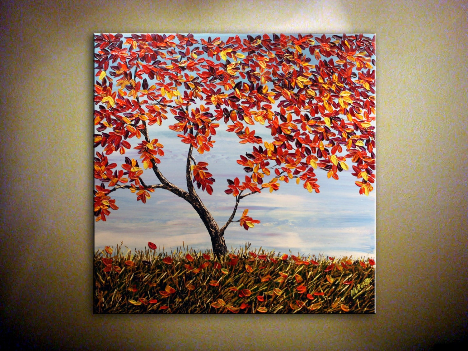 Original Contemporary Autumn Painting,Landscape,Fall,Tree,Palette Knife,Impasto,Textured Painting.Ready to Hang....   - by Nata S.