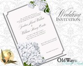 White on White Wedding Invitation Cottage Chic Hydrangeas DIY Printable - Custom Invite 5x7 Digital JPEG and PDF Files