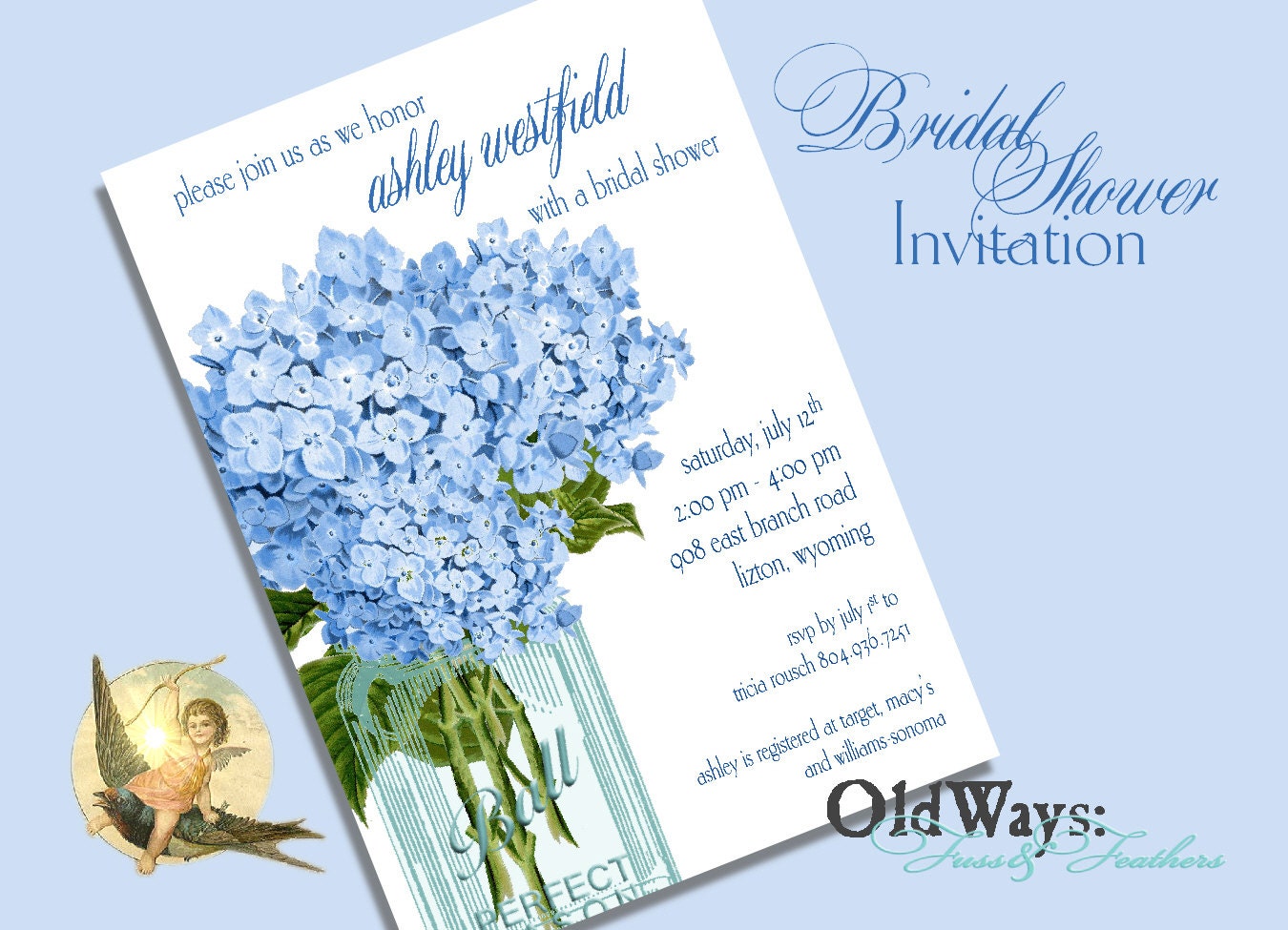 Blue Hydrangea Vintage Mason Jar Bridal Shower Invitation - Printable Custom Invite DIY 5x7 Digital JPEG and PDF Files