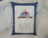 Decorative "Angels" Pillow Embroidered and Hand Painted on Muslin, Dark Blue Border, Home Decor