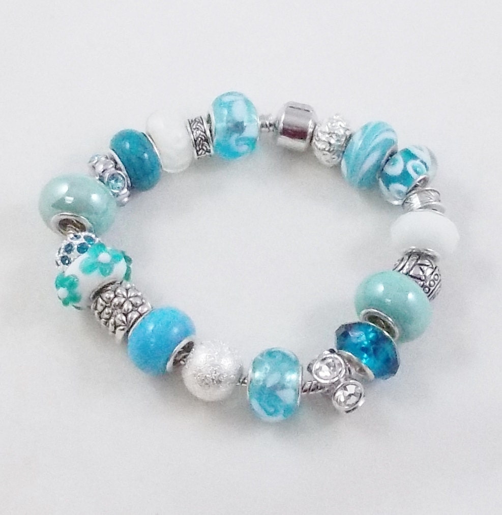 European Style Bracelet Ocean Blue with Silver Accents - Light Blue Pale Blue Teal White - 8 inch chain