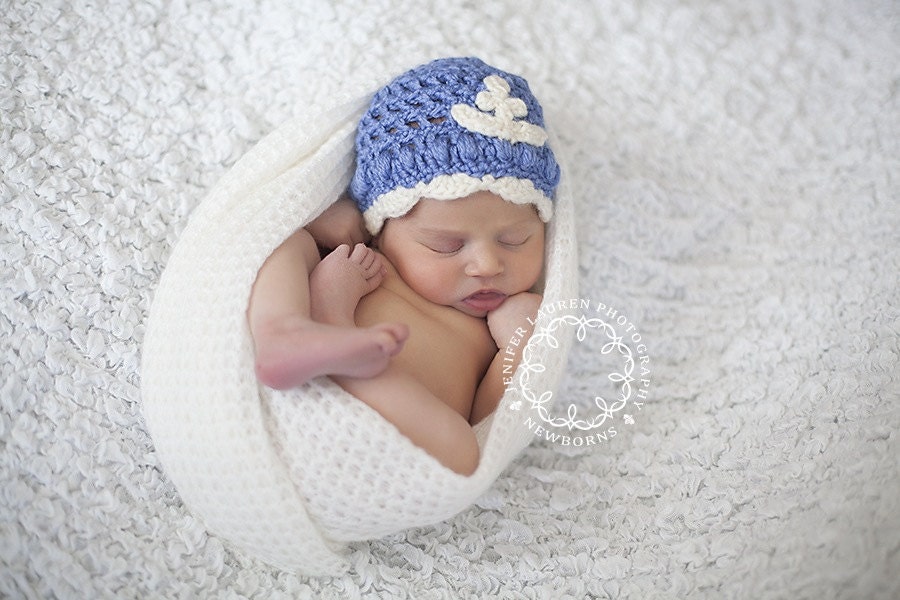 Baby Crochet Hat Little Sailor Anchor in Wool Bamboo Newborn Photography Prop Custom Colors