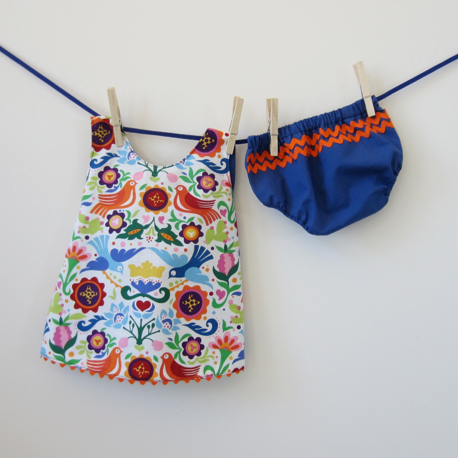 Baby girl outfit 0 to 3 month size 000 La Paloma spring Easter dress and bloomers orange ric rac crossover back eco friendly upcycled lining