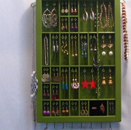 Printer drawer jewelry display with stud slots and ring cubby