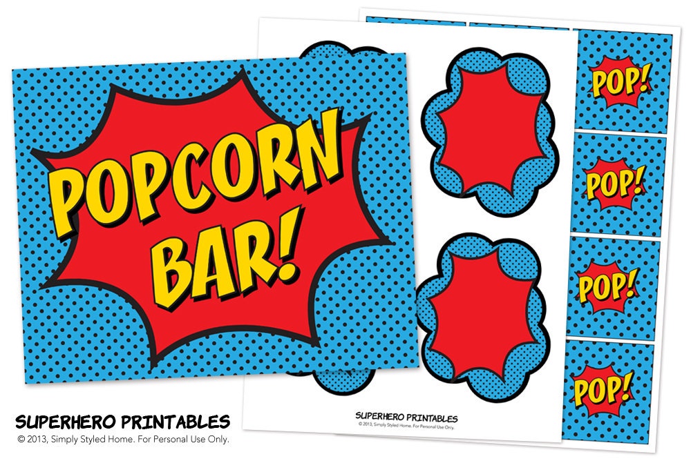 INSTANT DOWNLOAD - Gourmet Popcorn Bar - Superhero Printables