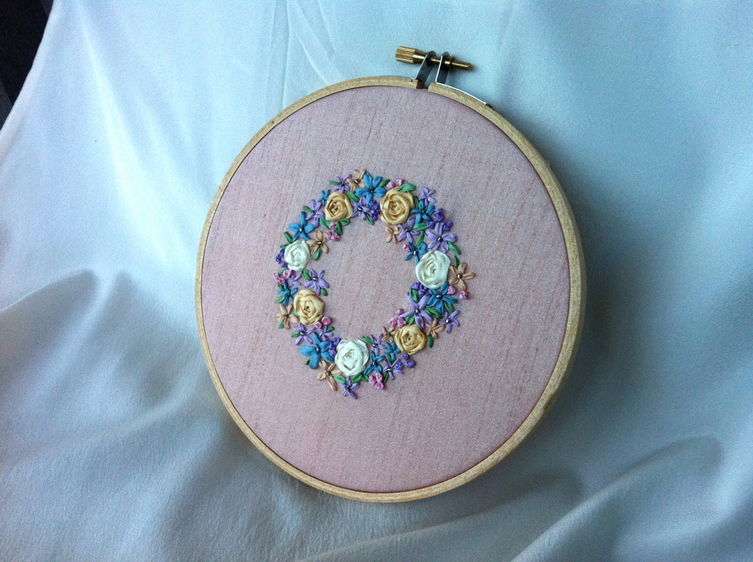 Mothers Day Gift  Sale - Pink and Pastel Silk Ribbon Embroidered Wreath, Handmade Wall Hanging Hoop Art- by BeanTown Embroidery