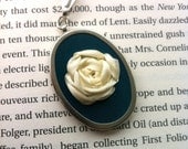 Embroidered Necklace - Teal and Ivory Rose Pendant - Silk Ribbon Embroidery by BeanTown Embroidery