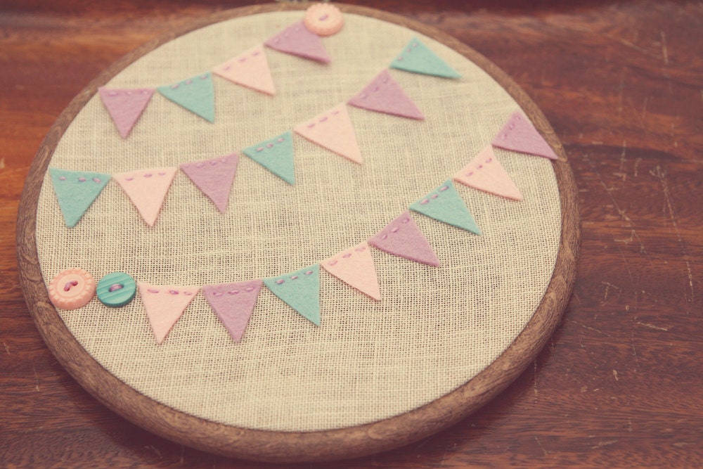 NEW - Embroidery Hoop Art. Three Row Felt Bunting with Vintage Style Buttons Pretty in Pastel Collection By Catshy Crafts