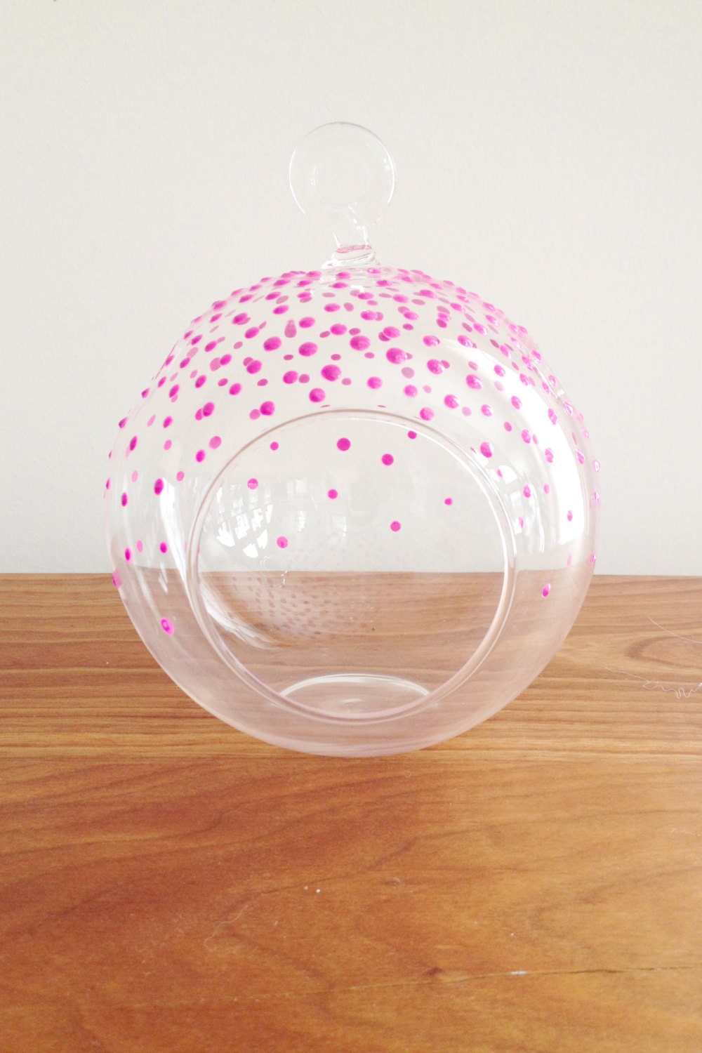 bright purple, hand painted hanging glass terrarium. Just add your air plant. Cute desk accessory.