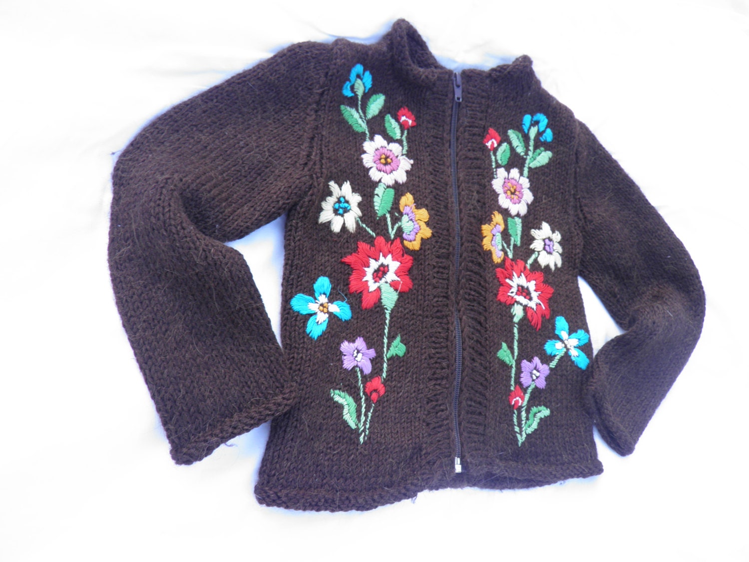 Children's  brown Sweater with floral pattern/ Baby wool Sweater/ Eco Friendly Cardigan Childrens