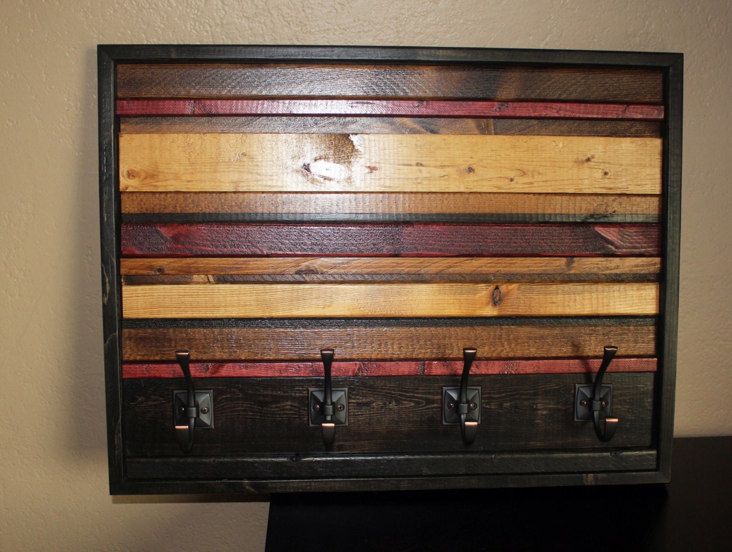 Modern Wood Wall Art Sculpture Horizontal Provincial, Cherry, Ebony, and Golden Oak Stripe Coat Hanger 25.5 x 19.5" - Available NOW