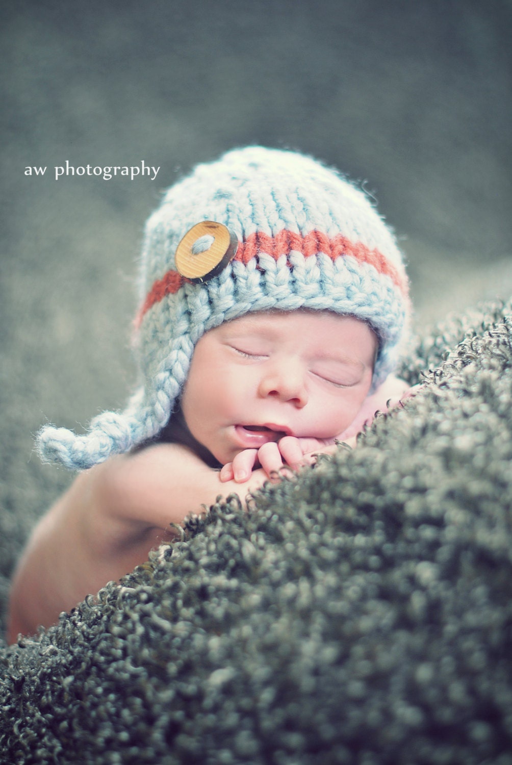 light blue with orange stripe baby  boy knitted hat, newborn photography prop, baby shower gift, baby photo prop, infant earflap beanie