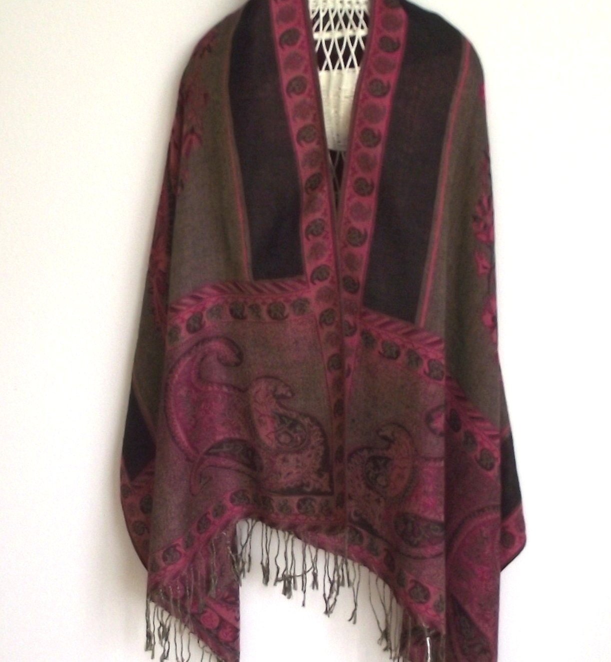 Vintage Shawl Wrap Gatsby style woven black red floral 68" long