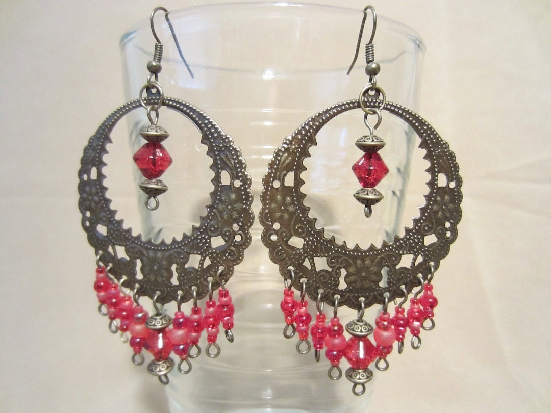 Red Beaded Bronze Filagree Large Hoop Dangle Earrings