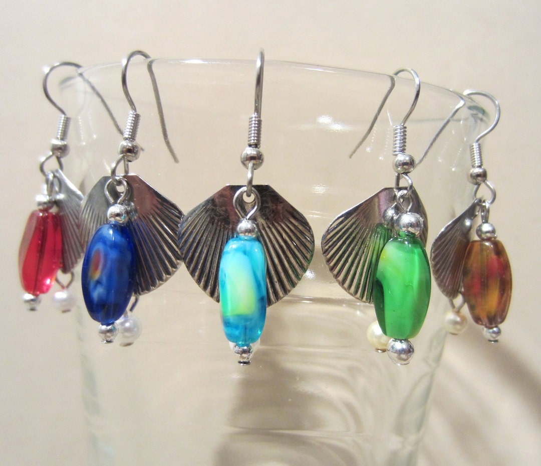 Silver Shell, Aqua Glass Bead & Pearl Dangle Earrings