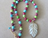 Turquoise, Plum & Lime Pendant w/ Vintage Mother of Pearl Leaf