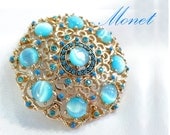 Vintage Designer MONET Blue Rhinestone & Cats Eye Brooch