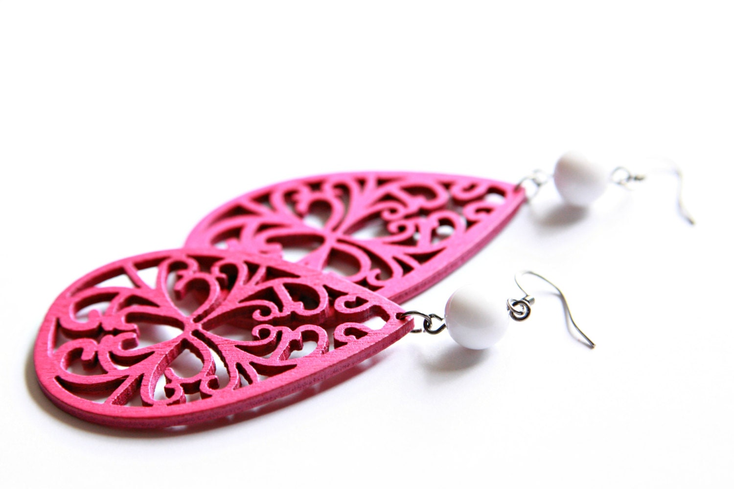 Hot Pink Wooden Heart Filigree Dangles With White Bead