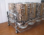 Mid Century Silver Geometric Embossed Glassware Tumbler Hi Ball Set in Rack