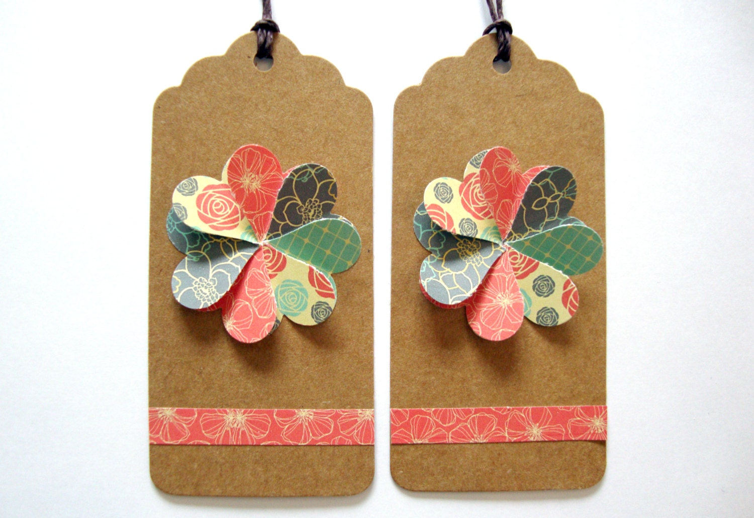 Wedding Favor - mint, corail, sweet yellow, and light steel blue gift tags 3D hearts paper flowers, set of 10