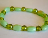Lime Green Bracelet, Stretchy Cord, Glass Beads, Saint Patricks Motif, Vintage Fine Jewelry, Item No. B539