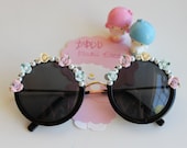 Colorful Mini Ceramic Roses & Dainty Ivory Pearls on Black Round Sunglasses
