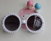Sparkly White AB Shimmery Pearls on Oversize White Round Mod Sunglasses