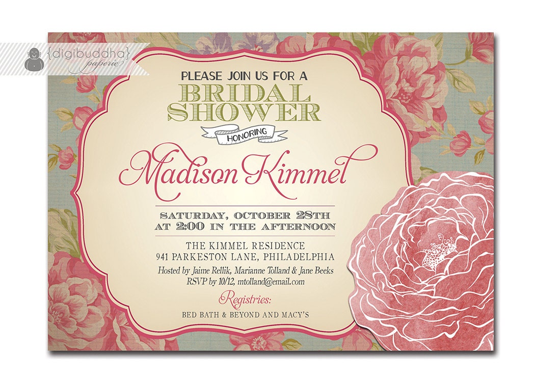 Bridal Shower Invitation Vintage Rose Rustic Floral Shabby Chic Invitation Typography Poster Printable Digital or Printed - Madison Style