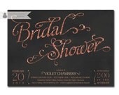 Glitter Bridal Shower Invitation Coral Melon Gray Watercolor Calligraphy Typography Elegant Wedding Shower Printable Printed - Violet Style