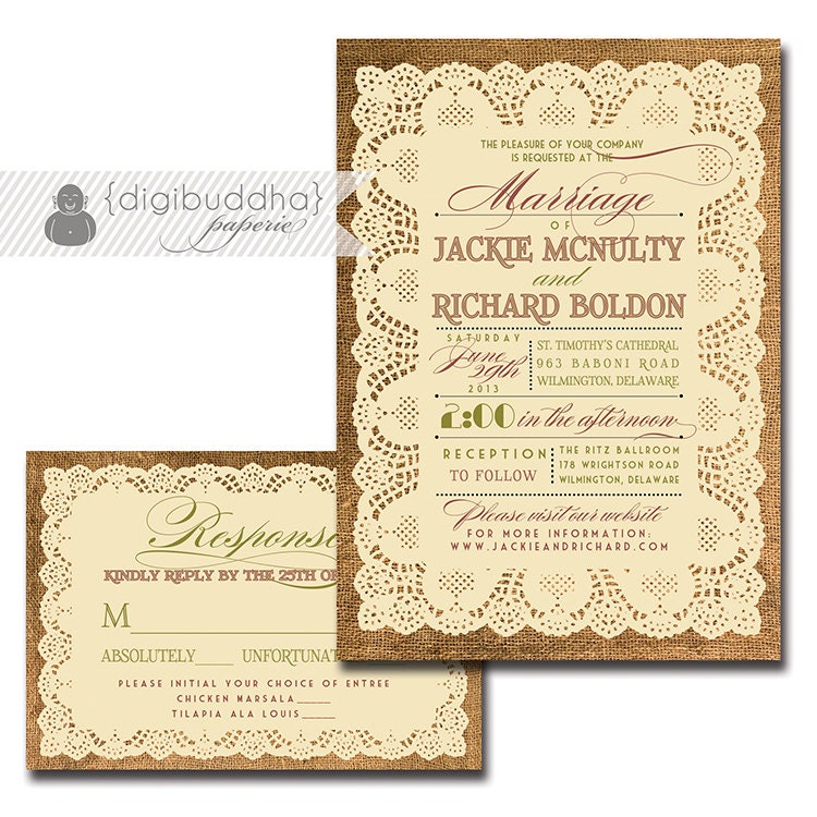 Lace Burlap Wedding Invitation & Response Card 2 Piece Wedding Suite RSVP Rustic Shabby Chic DIY Digital or Printed - Jackie Style