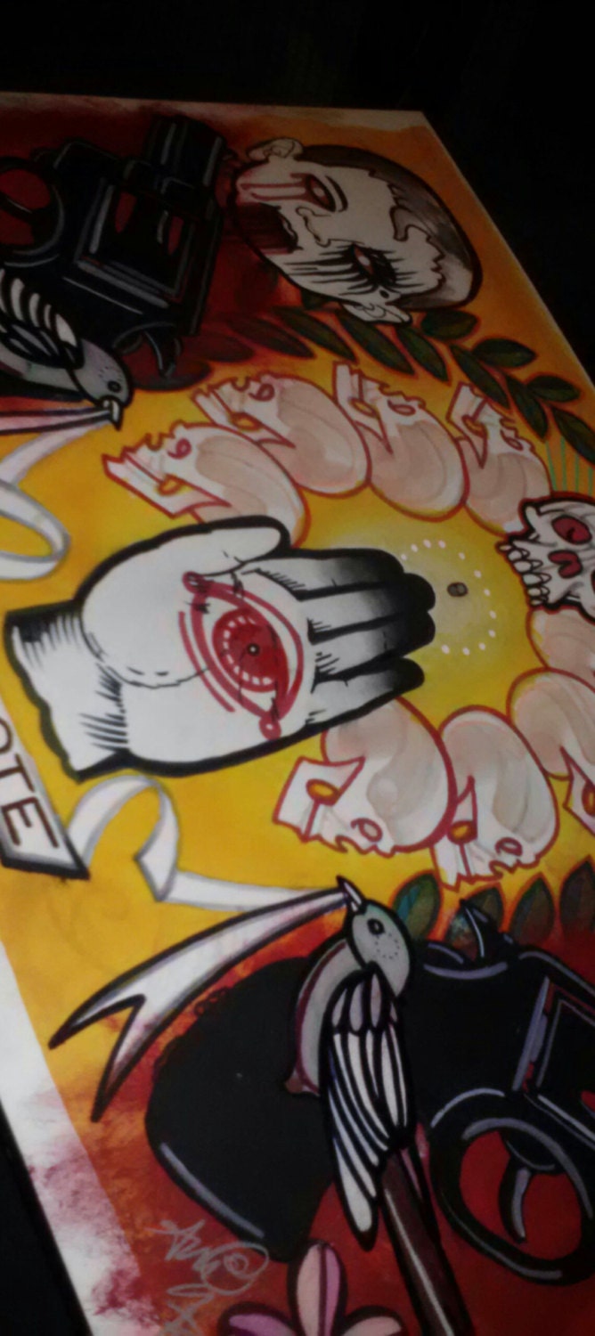 guns, hand, all-seeing eye tattoo flash, original painting