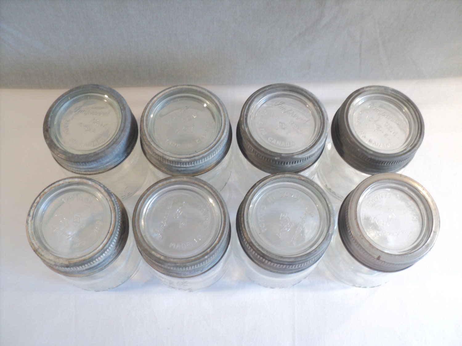 RESEVED for oceansurf ....... 8 Pint Mason Jars and 2 Half Gallon Jars with Zinc Lids & Glass tops, Clear Canning Jars, 1960's