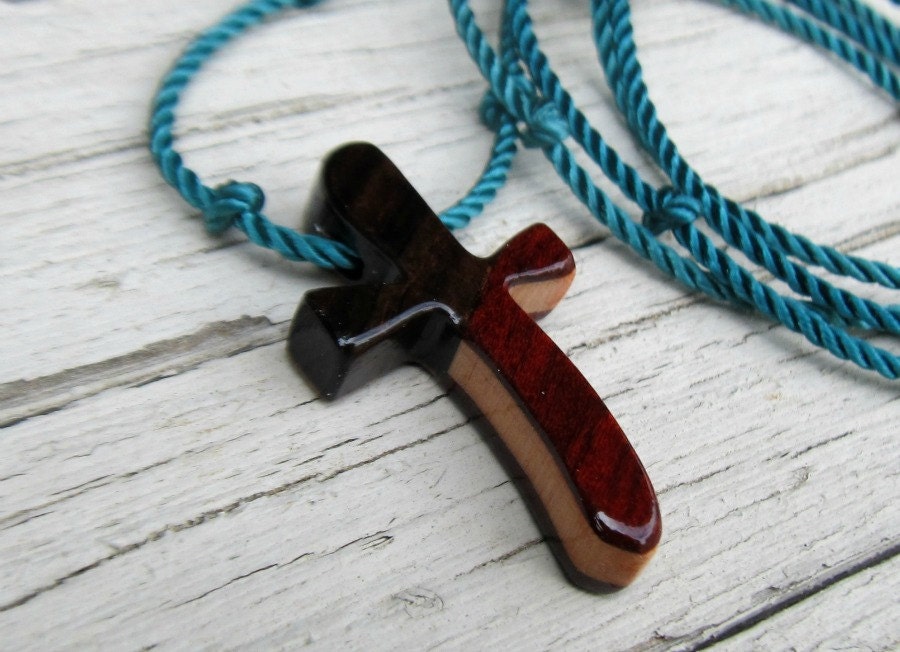 Wooden Men's Cross Necklace - Ebony, Bloodwood, Maple & Zebrawood