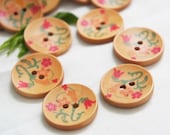 8pcs Wood Buttons Flower Buttons Red Bloomings Floral and Green Stem 25mm b22
